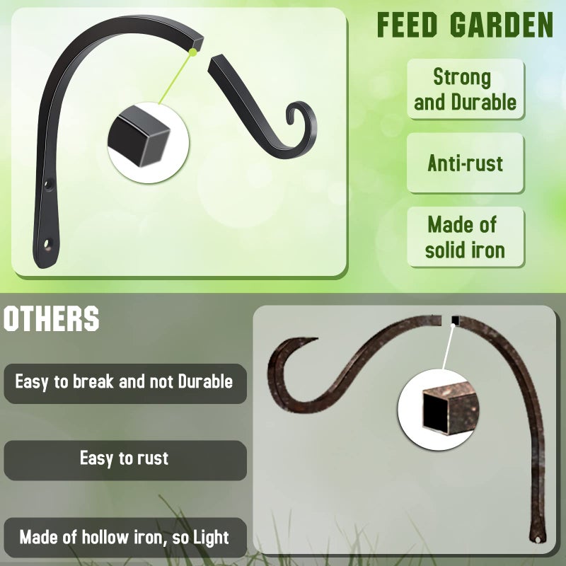 FEED GARDEN 2 Pack 8 Inch Hanging Plant Bracket Wall Hooks Decorative Plant Hangers for Outdoor Hanging Bird Feeders, Wind Chimes, Plant Baskets, Black - Image 4
